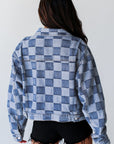 Light Blue Checkered Patchwork Button up Denim Jacket