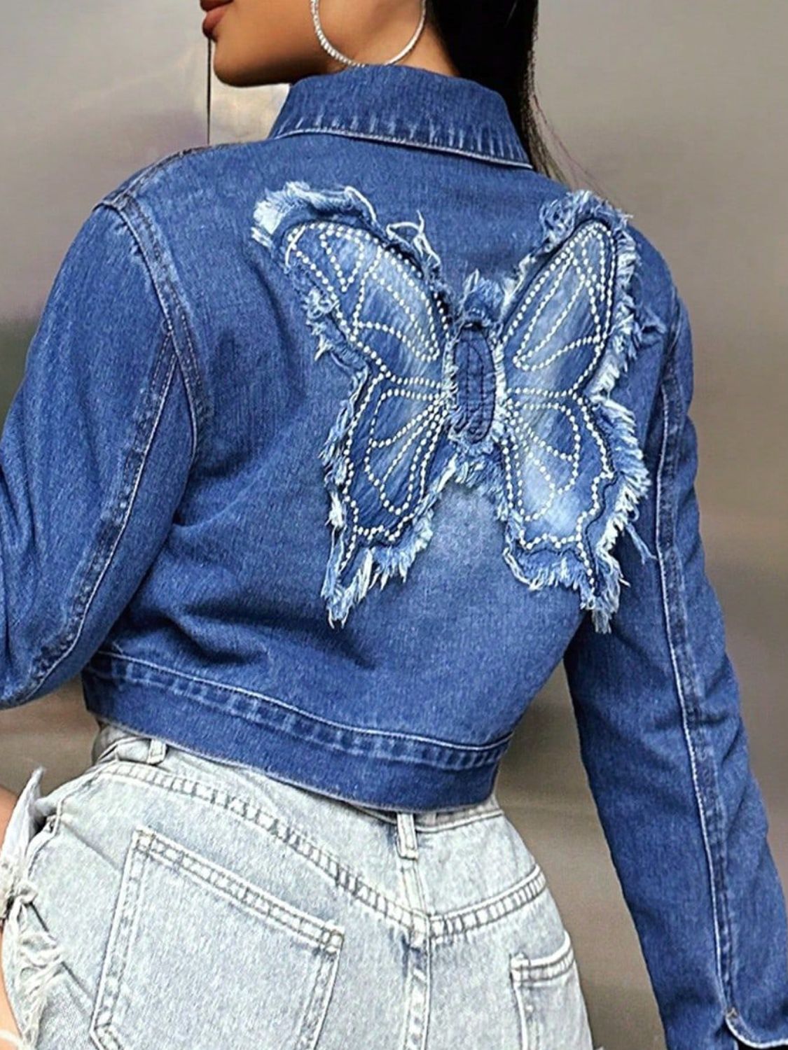 Butterfly Patch Long Sleeve Cropped Denim Top - Little Miss Vanilla