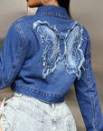 Butterfly Patch Long Sleeve Cropped Denim Top - Little Miss Vanilla