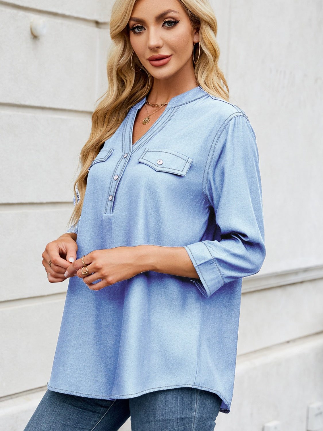 Notched Three-Quarter Sleeve Denim Top - Little Miss Vanilla