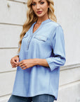 Notched Three-Quarter Sleeve Denim Top - Little Miss Vanilla