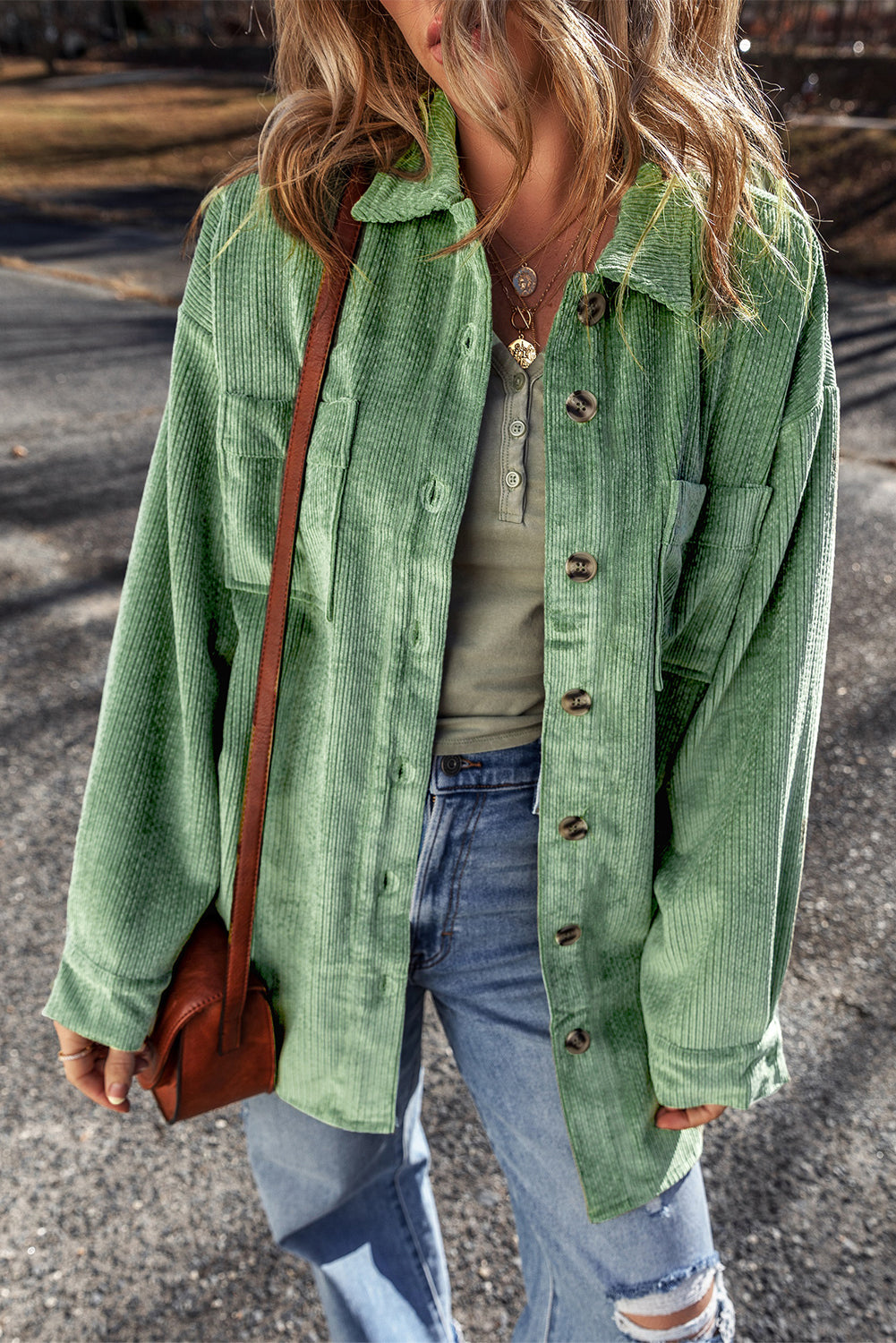 Mist Green Patched Pocket Button Up Corduroy Shacket - Little Miss Vanilla