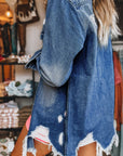 Sky Blue Light Wash Distressed Frayed Long Denim Jacket - Little Miss Vanilla