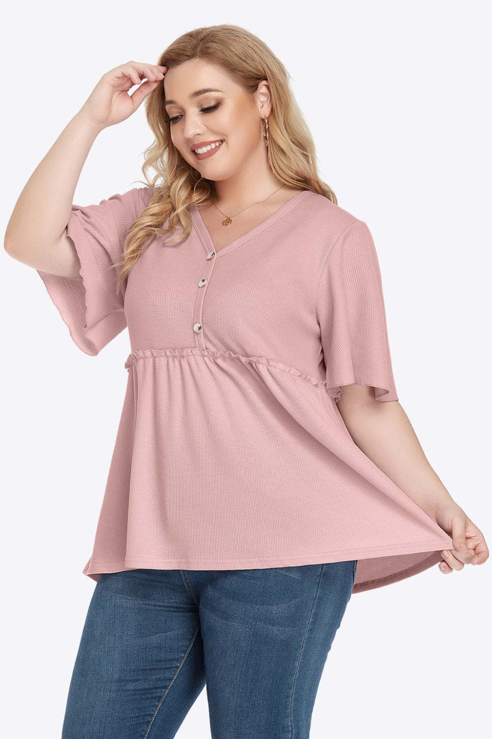 Plus Size Buttoned V-Neck Frill Trim Babydoll Blouse - Little Miss Vanilla