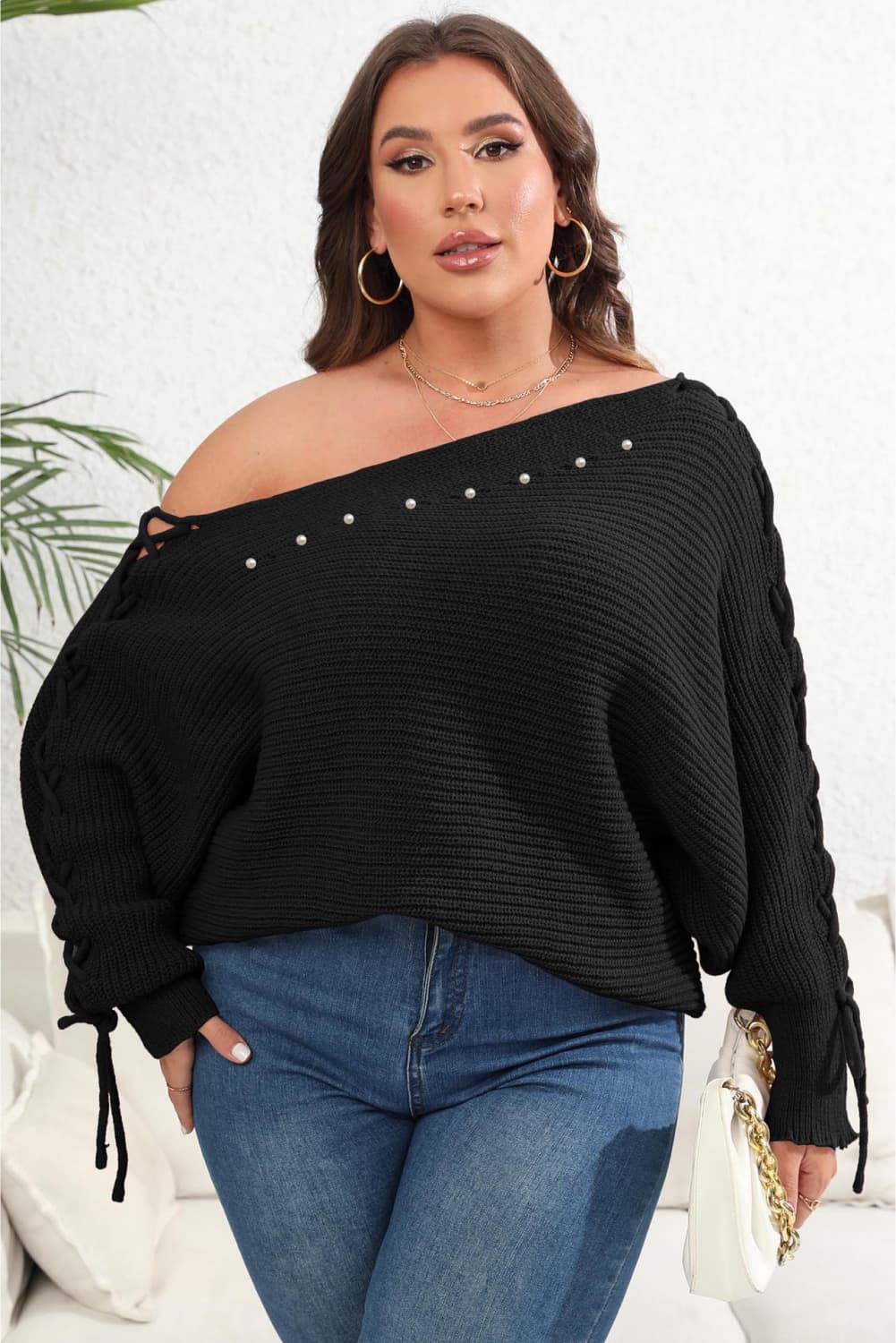 Plus Size One Shoulder Beaded Sweater - Little Miss Vanilla