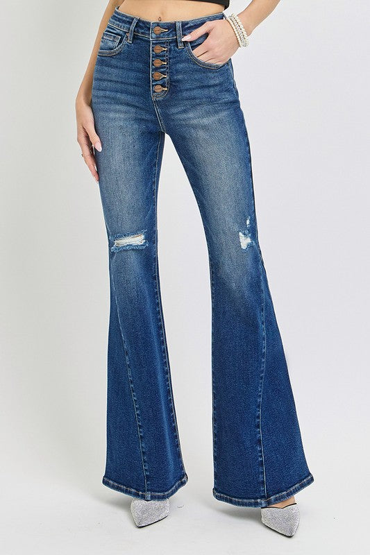 RISEN Distressed Button-Fly Flare Jeans - Little Miss Vanilla