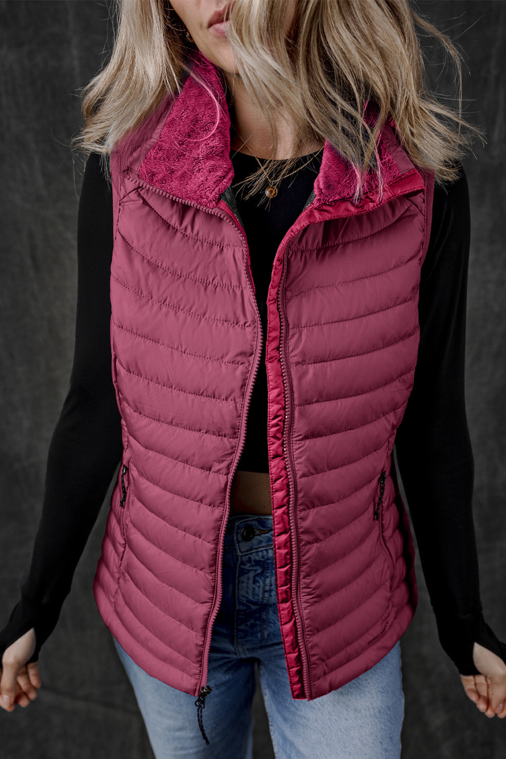 Burgundy Plush Collared Quilted Zipped Puffer Vest - Little Miss Vanilla