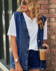 Full Size V-Neck Button Up Denim Vest - Little Miss Vanilla