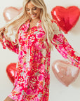 Red Floral Print High Waist V Neck Babydoll Mini Dress