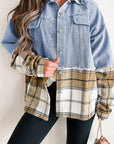 Khaki Plaid Patchwork Buttoned Oversized Denim Jacket