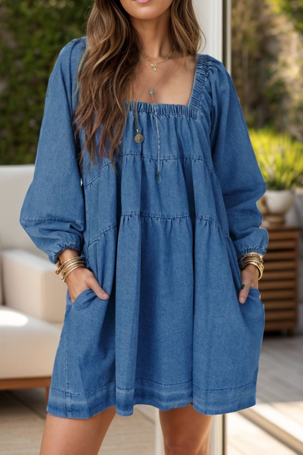 Tied Square Neck Long Sleeve Denim Dress with Pockets - Little Miss Vanilla