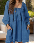 Tied Square Neck Long Sleeve Denim Dress with Pockets - Little Miss Vanilla