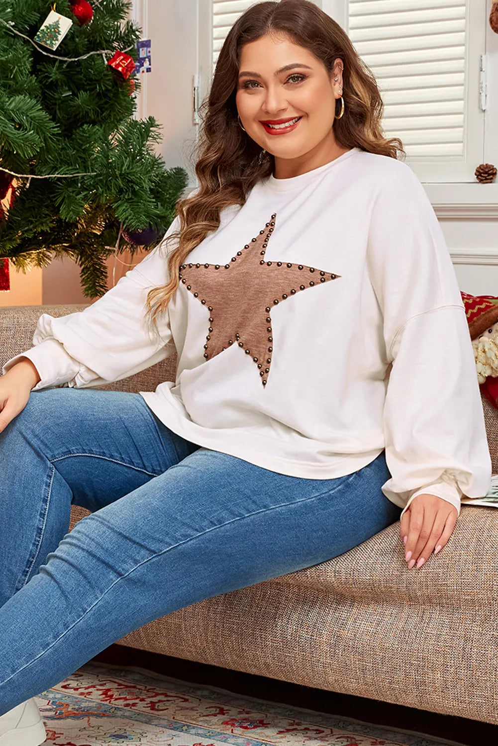 Plus Size Studded Star Round Neck Long Sleeve Blouse - Little Miss Vanilla