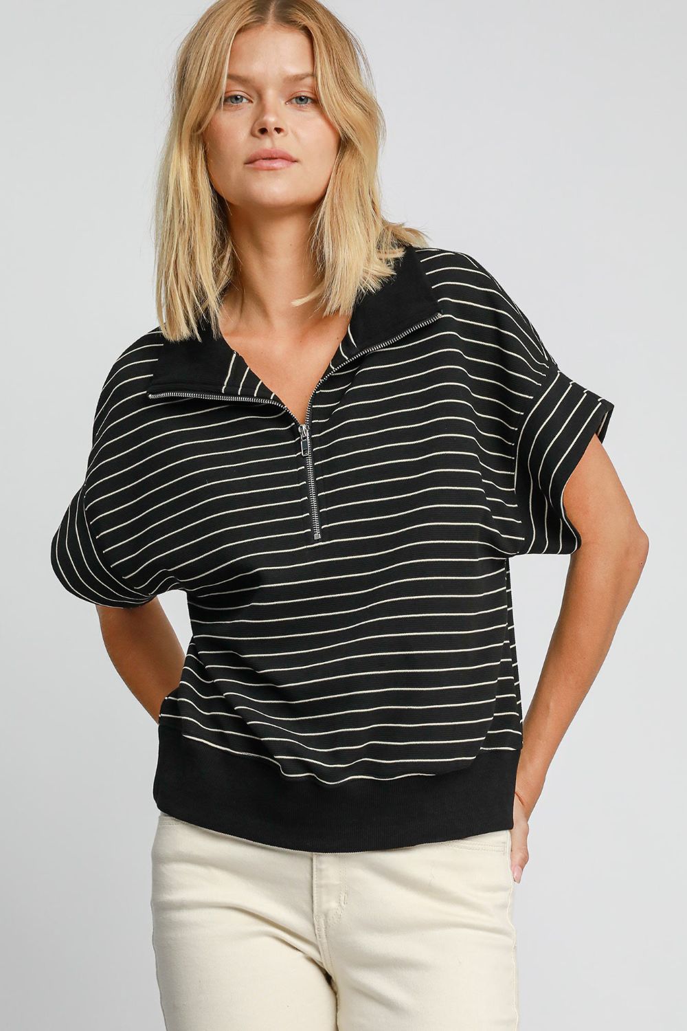 Umgee Striped Half Zip Short Sleeve Sweatshirt - Little Miss Vanilla