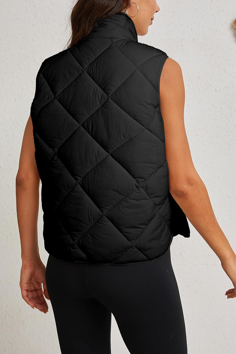 Black Quilted High Neck Button Up Pocket Vest Coat - Little Miss Vanilla