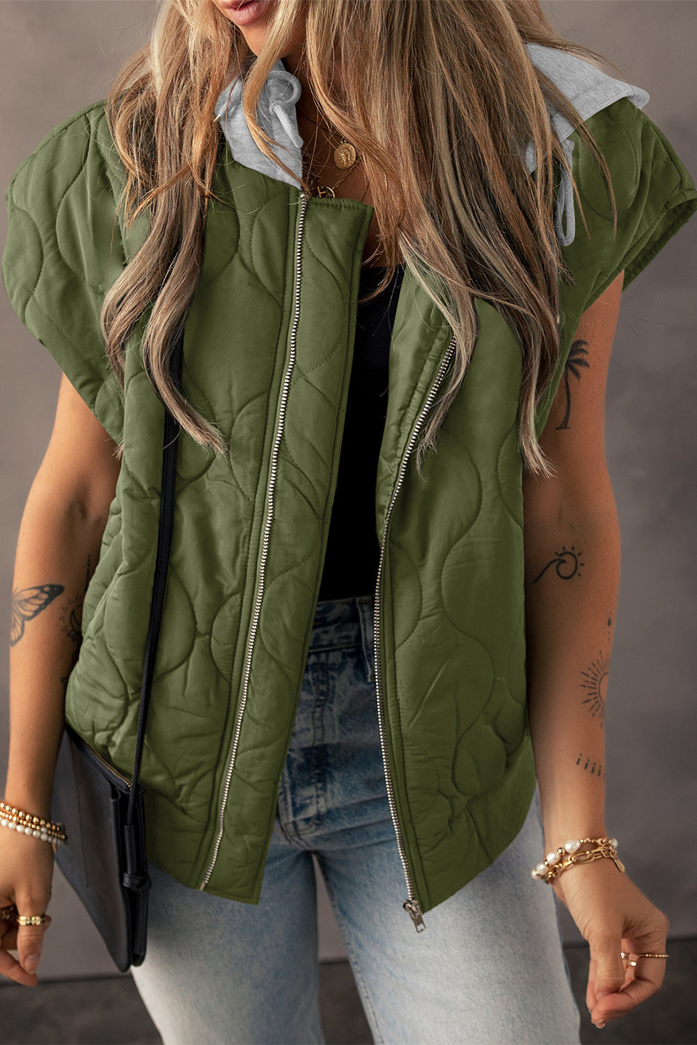 Jungle Green Quilted Drawstring Hooded Zip Up Puffer Vest - Little Miss Vanilla