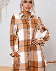 Khaki Plaid Pattern Collared Neck Ruffled Sleeve Shirt Dress - Little Miss Vanilla