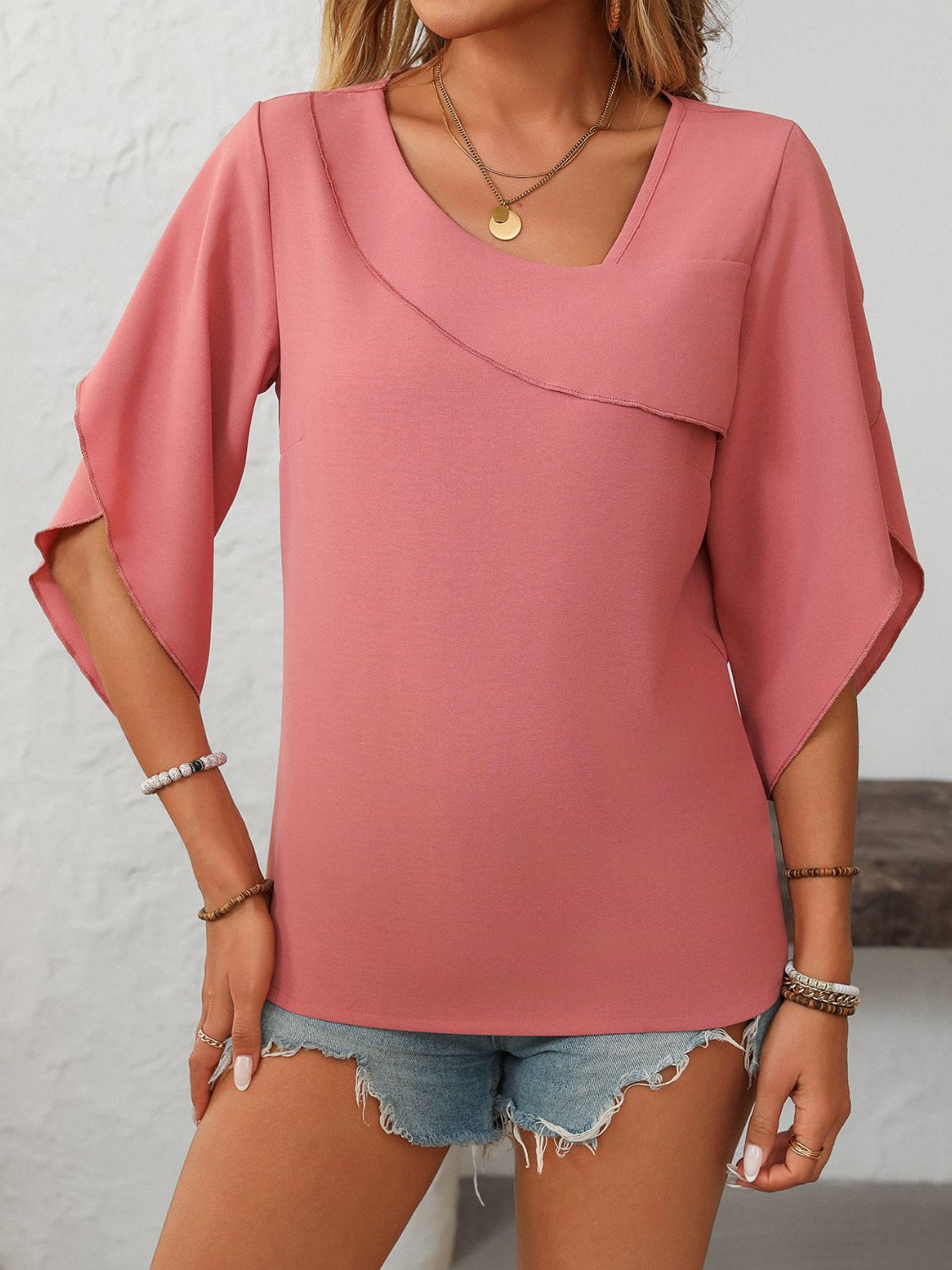 Mandy Ruffled Asymmetrical Neck Half Sleeve Blouse - Little Miss Vanilla