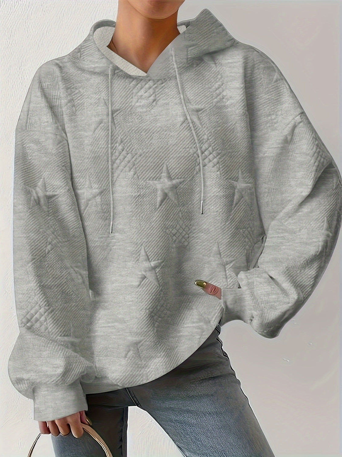 Plus Size Star Texture Long Sleeve Drawstring Hoodie - Little Miss Vanilla