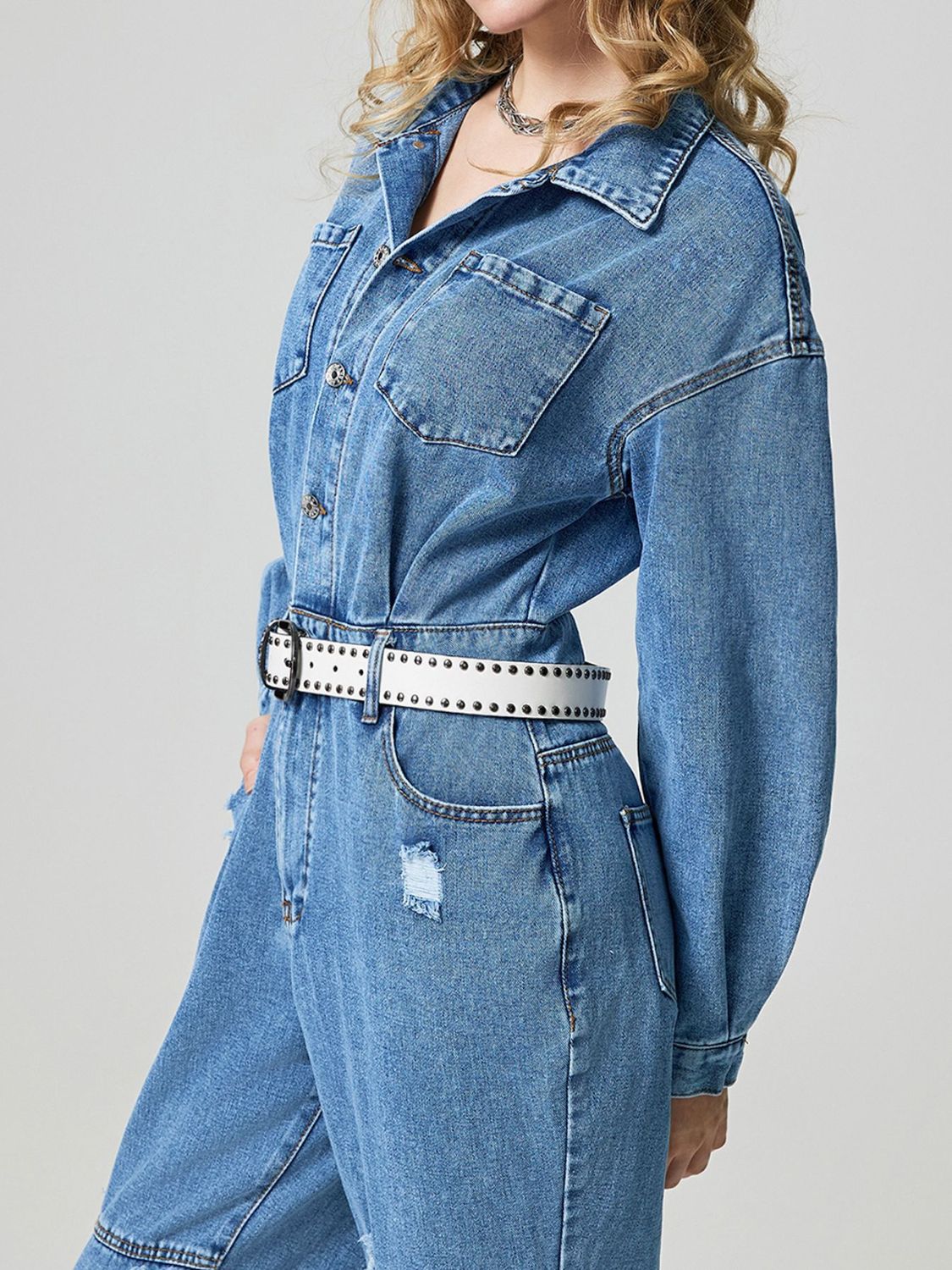 Distressed Button Down Drop Shoulder Denim Jumpsuit - Little Miss Vanilla