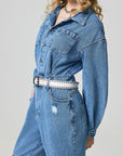 Distressed Button Down Drop Shoulder Denim Jumpsuit - Little Miss Vanilla