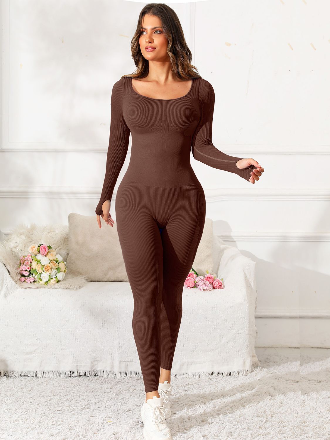 Scoop Neck Long Sleeve Active Jumpsuit - Little Miss Vanilla