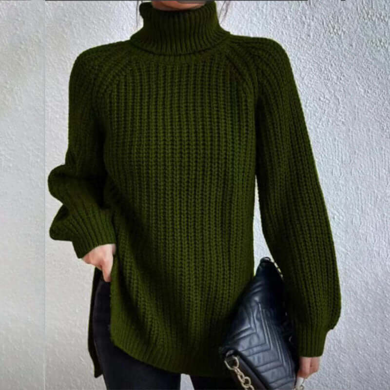 Turtleneck Pullover Sweater With Split Design Fashion Simple Solid Color Long Sleeve Tops Women&#39;s Clothing