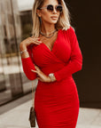 Fiery Red Long Sleeves Wrap V Neck Ruched Sheath Bodycon Dress - Little Miss Vanilla