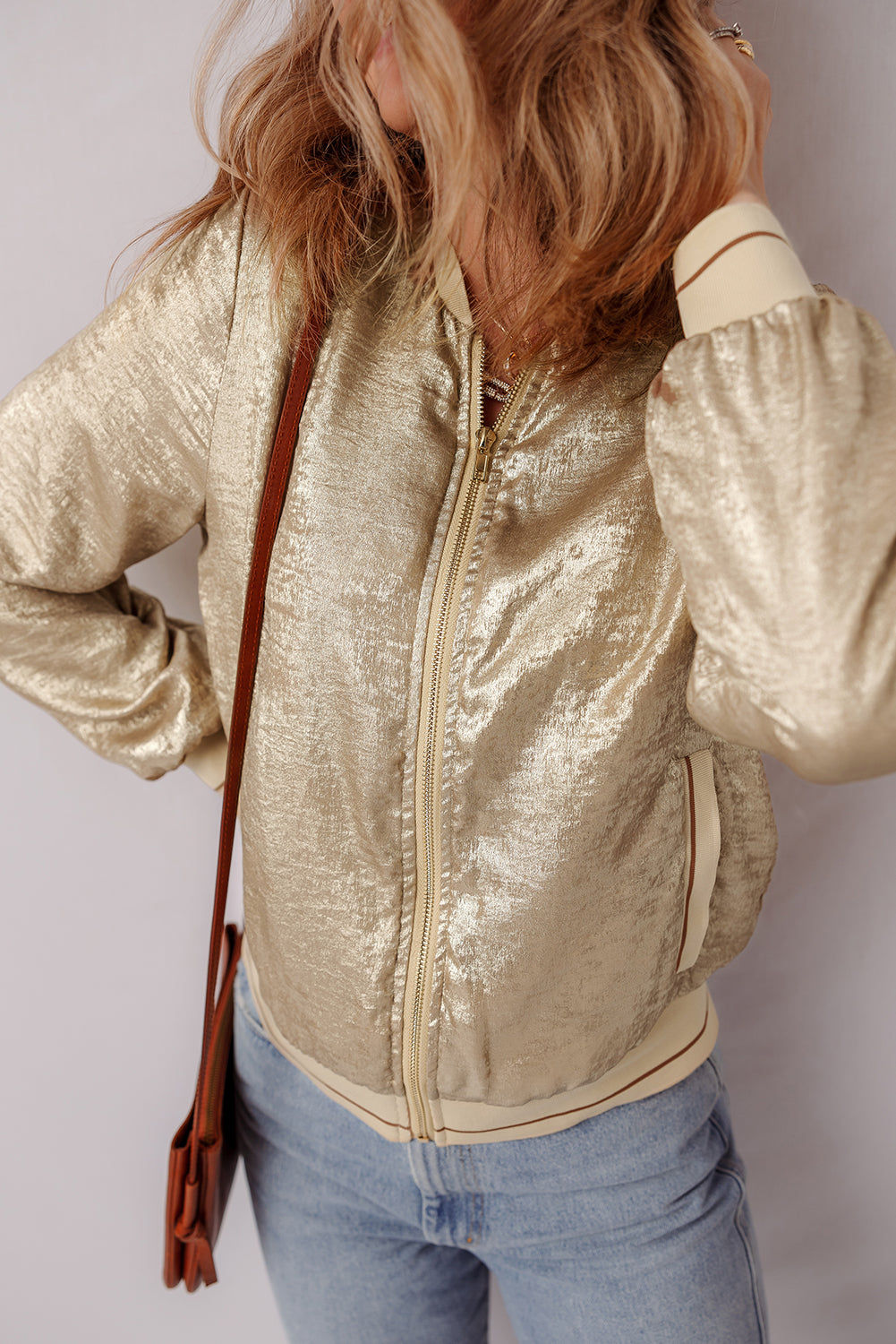 Pale Khaki Metallic Zip up Baseball Jacket - Little Miss Vanilla