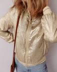 Pale Khaki Metallic Zip up Baseball Jacket - Little Miss Vanilla