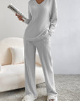 Light Grey Ribbed Knit V Neck Slouchy Two-piece Outfit - Little Miss Vanilla