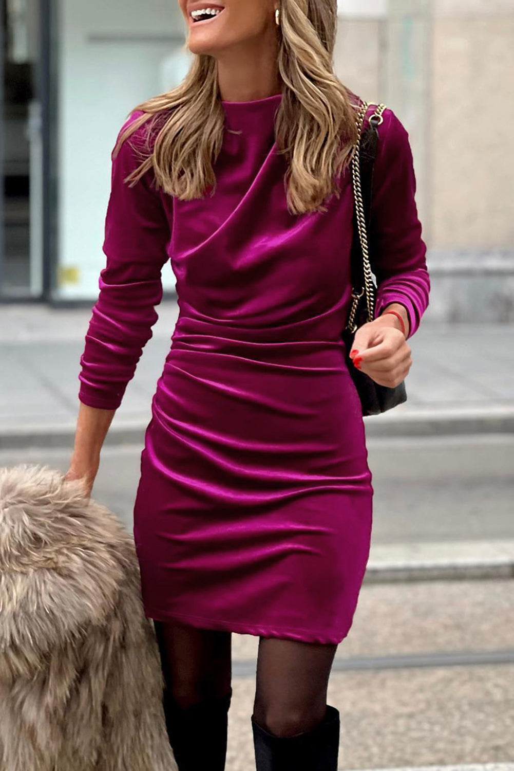 Pitaya Pink Velvet Mock Neck Ruched Long Sleeve Bodycon Dress - Little Miss Vanilla