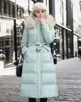 Winter Slim Long Jacket With Fur Hood And Belt Fashion Solid Hooded Coat Warm Clothing For Women