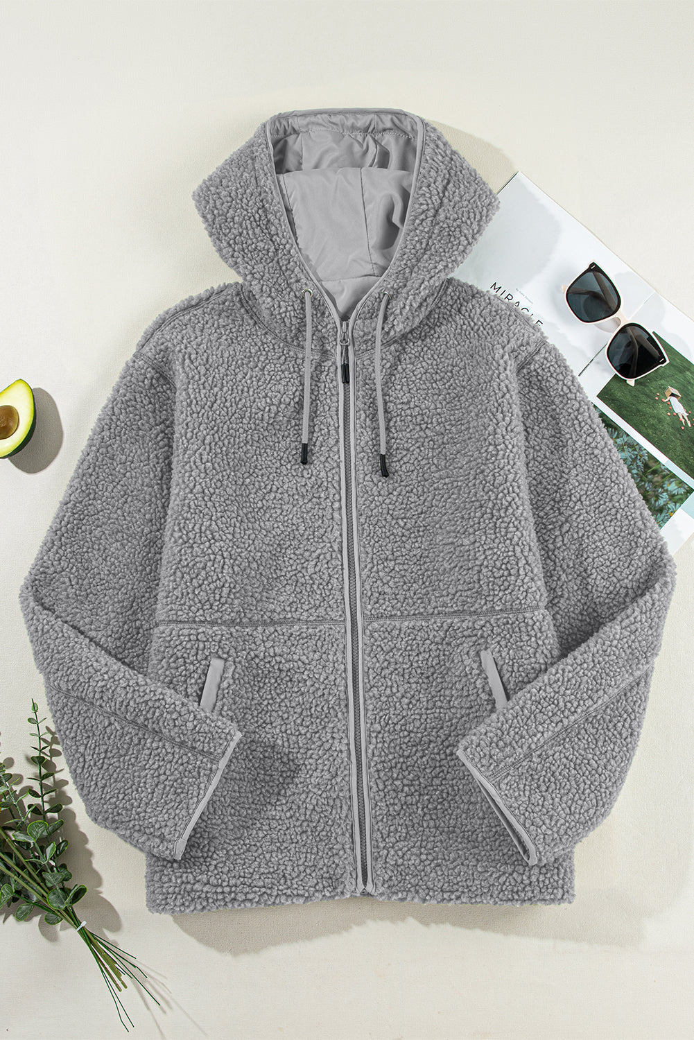 Medium Grey Fleece Zip Up Drawstring Hooded Pocketed Jacket - Little Miss Vanilla