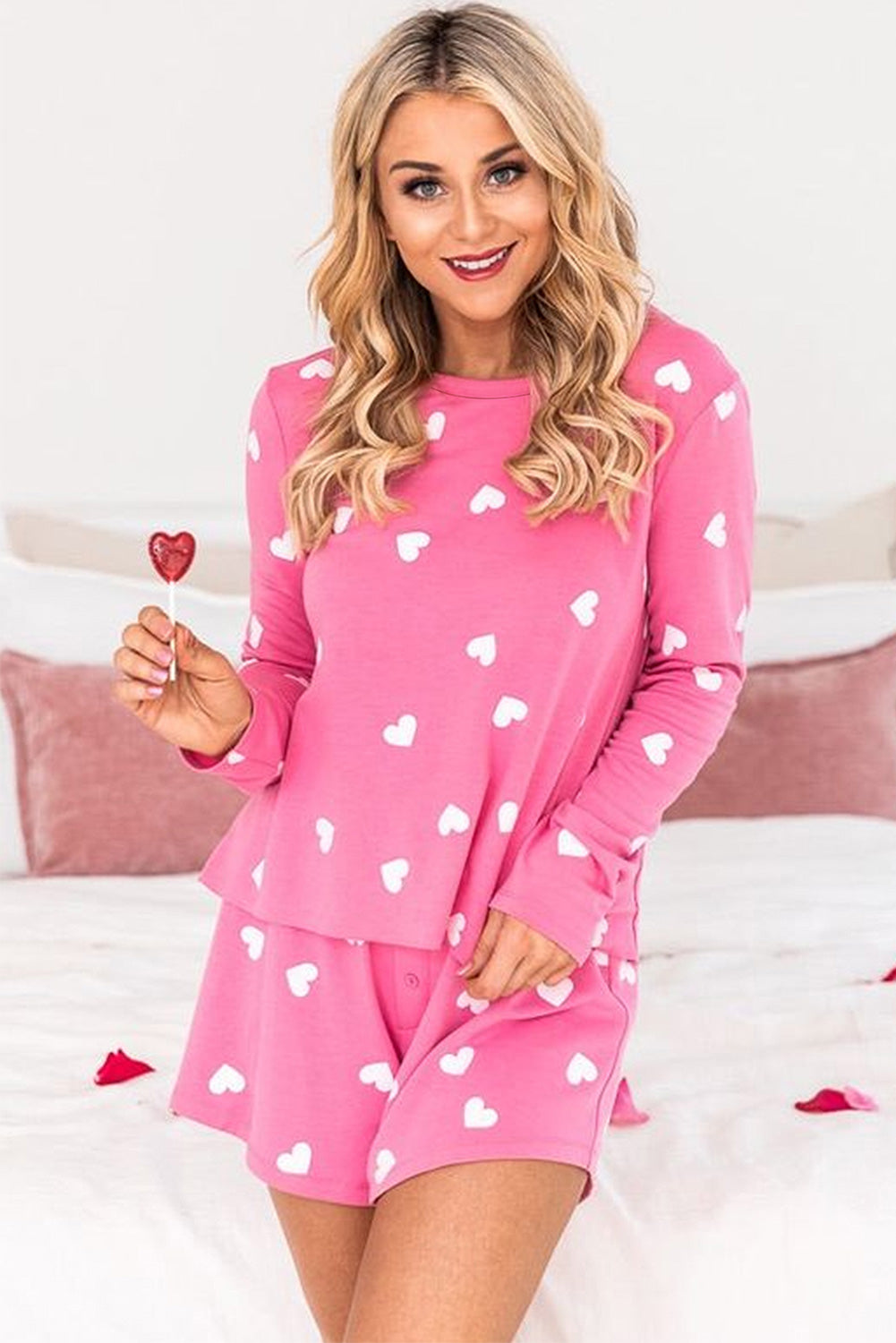 Pink Valentine Heart Print Long Sleeve Tee and Shorts Lounge Set - Little Miss Vanilla