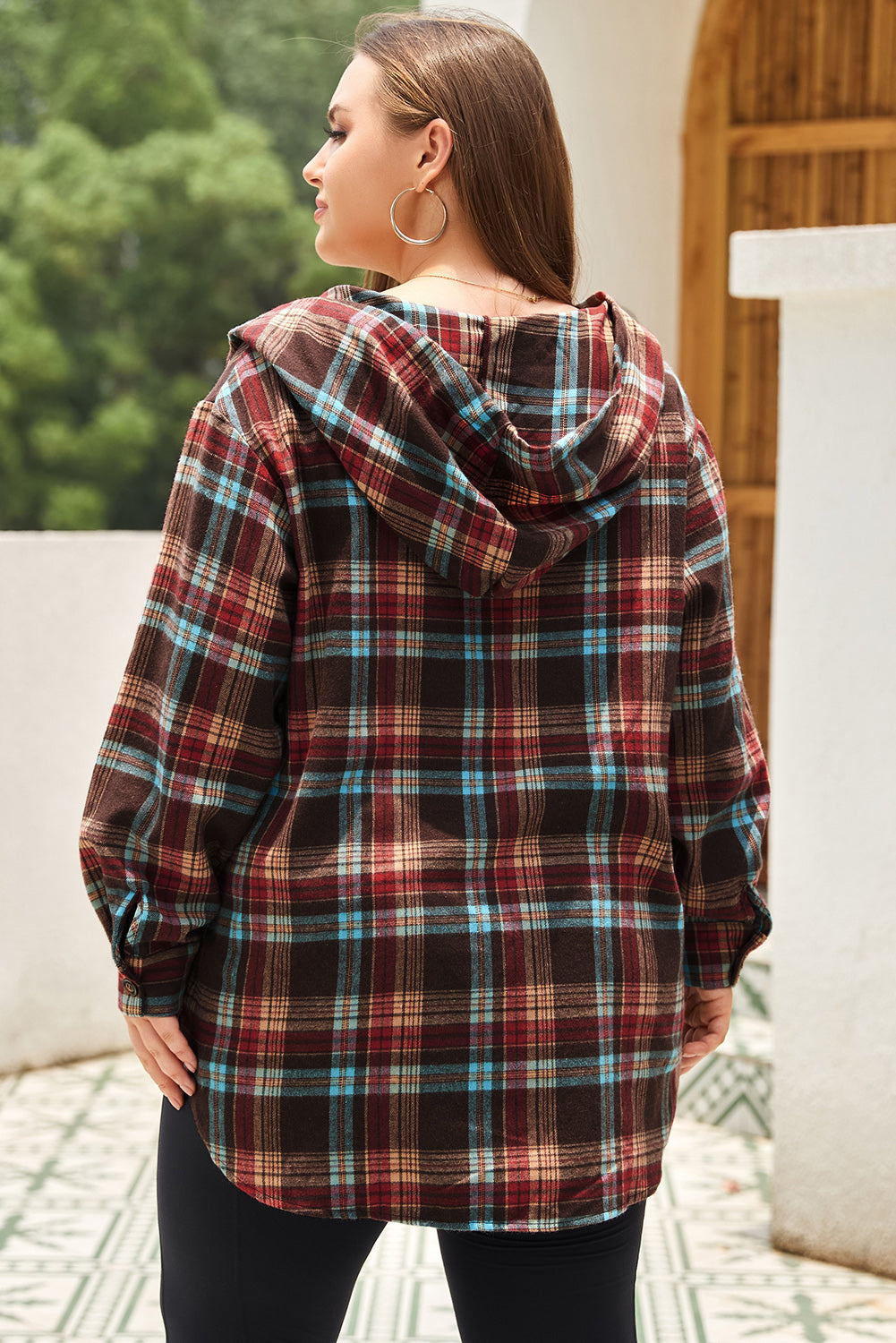 Plus Size Drawstring Plaid Quarter Button Hoodie - Little Miss Vanilla