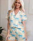 Yellow Bow Printed Short Sleeve Shirt Shorts Pajama Set