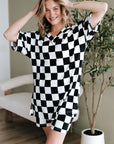 Black Checkerboard Print V Neck Loose Tee and Shorts Lounge Set