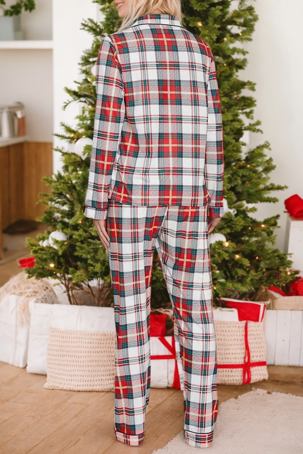 Red Christmas Plaid Print Two Piece Long Sleeve Pajamas Set - Little Miss Vanilla