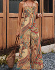 Red Paisley Printed Spaghetti Straps Elegant Wide Leg Jumpsuit