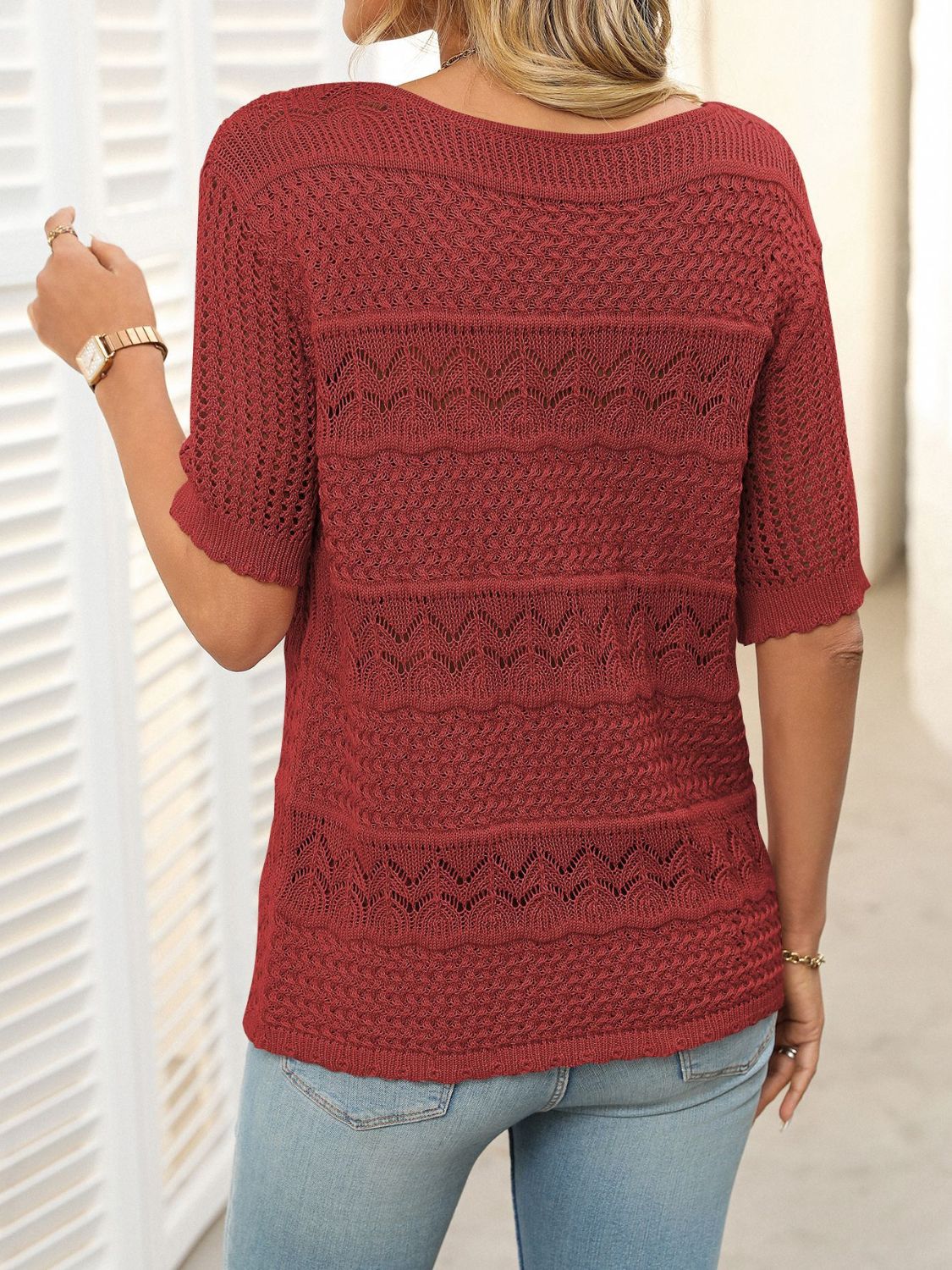 Mandy Openwork Round Neck Half Sleeve Knit Top - Little Miss Vanilla