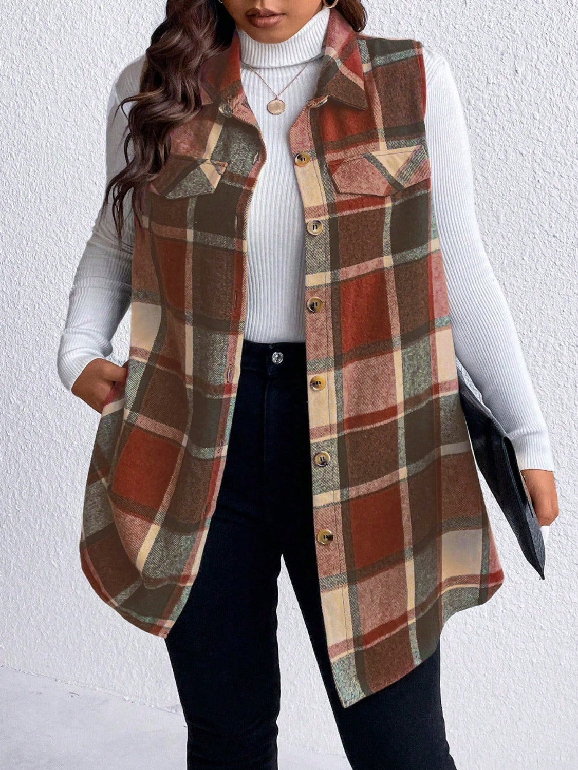 Honey Plus Size Pocketed Plaid Button Up Vest Coat - Little Miss Vanilla