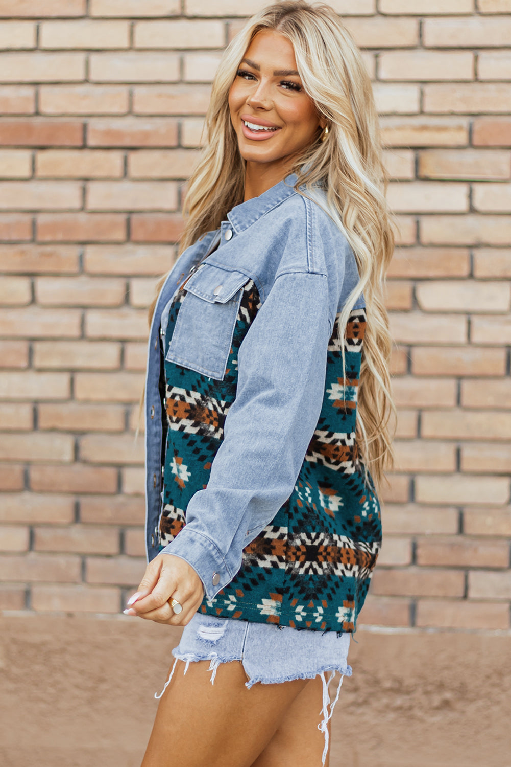 Blue Aztec Printed Denim Jacket - Little Miss Vanilla