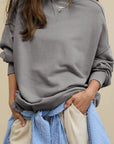 Side Slit Round Neck Long Sleeve Sweatshirt - Little Miss Vanilla