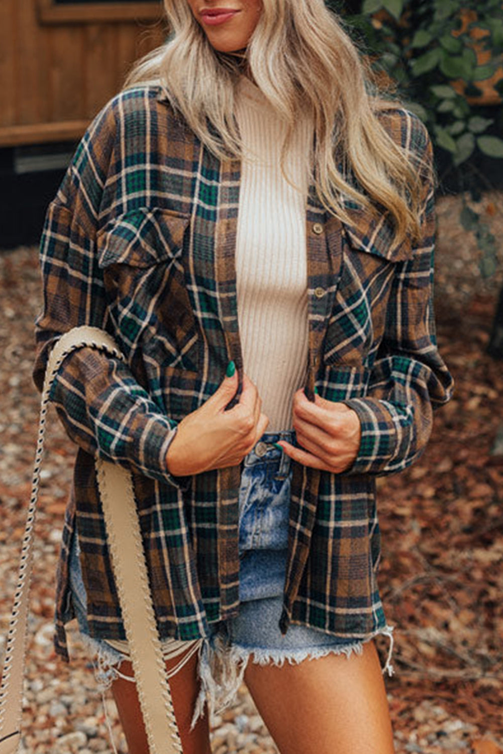 Brown Plaid Print Chest Pockets Buttoned Shirt Jacket - Little Miss Vanilla