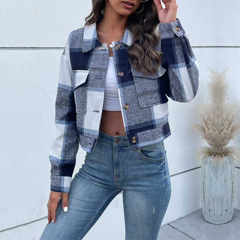 Plaid Lapel Cropped Jacket With Pockets Fashion Button Long Sleeve Short Outwear Tops Coat For Womens Clothing - Little Miss Vanilla