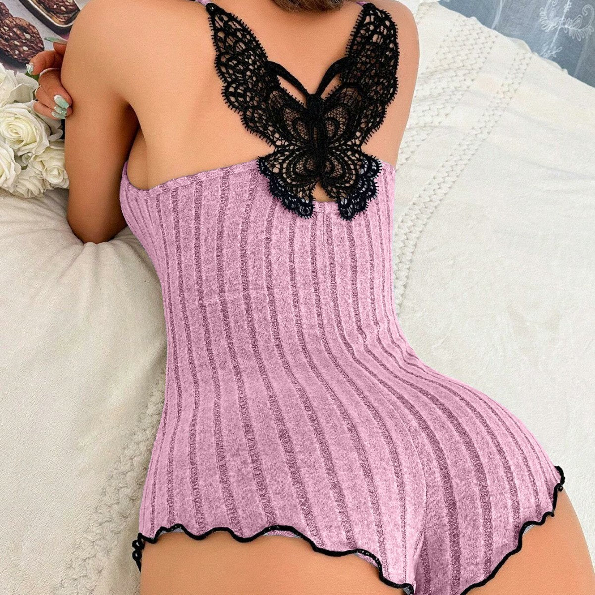 Women's Fashion Butterfly Back Pajamas Lace Strap One-piece Pajamas Lingerie - Little Miss Vanilla