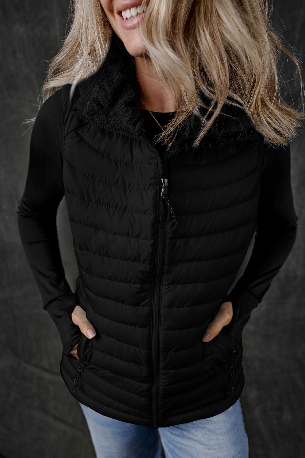 Black Plush Collared Quilted Zipped Puffer Vest - Little Miss Vanilla