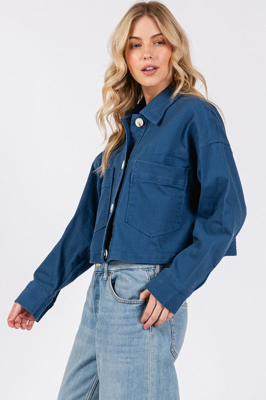 bytos Button Down Cropped Denim Jacket with Patch Pockets - Little Miss Vanilla