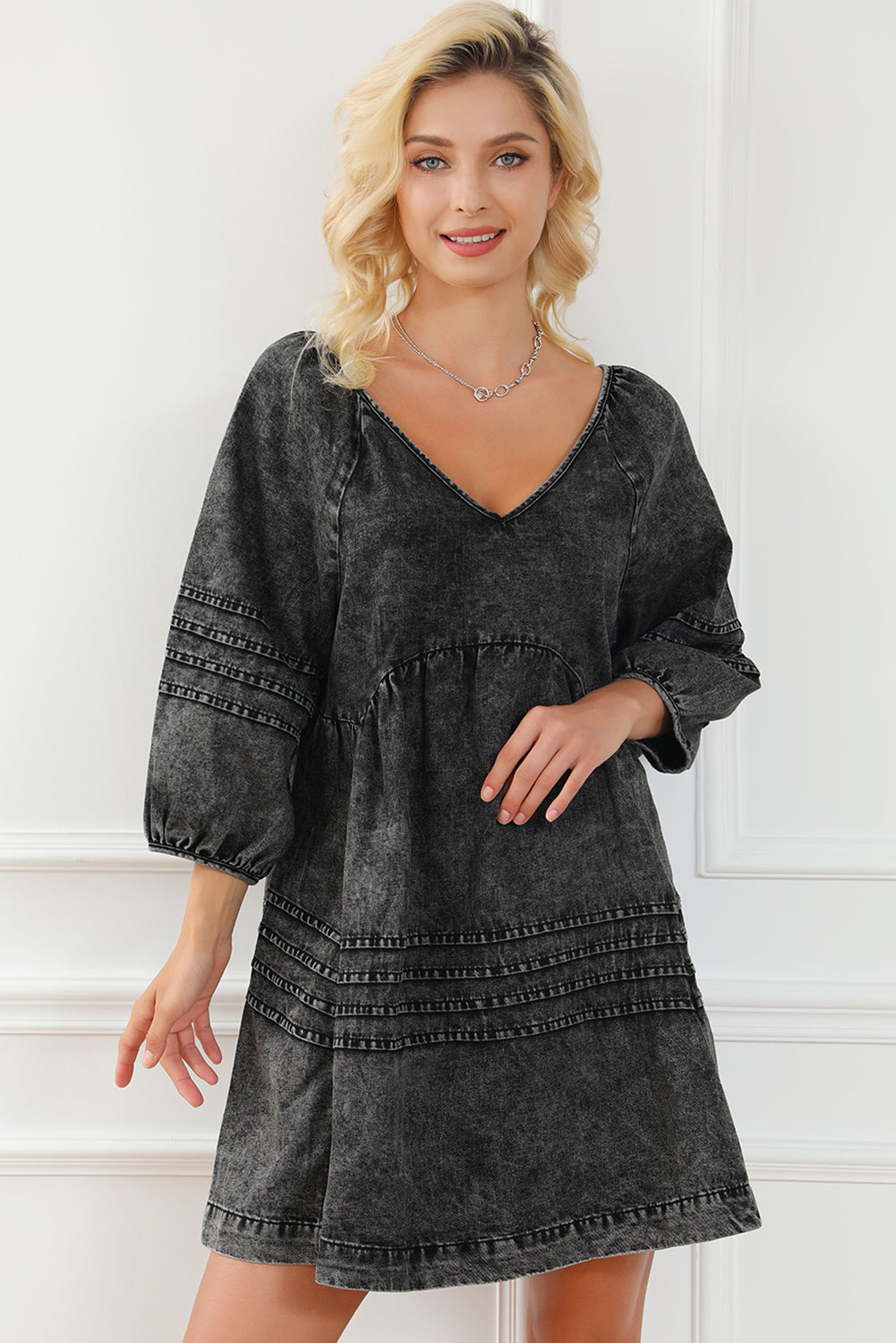 V-Neck Three Quarter Sleeve Denim Dress - Little Miss Vanilla